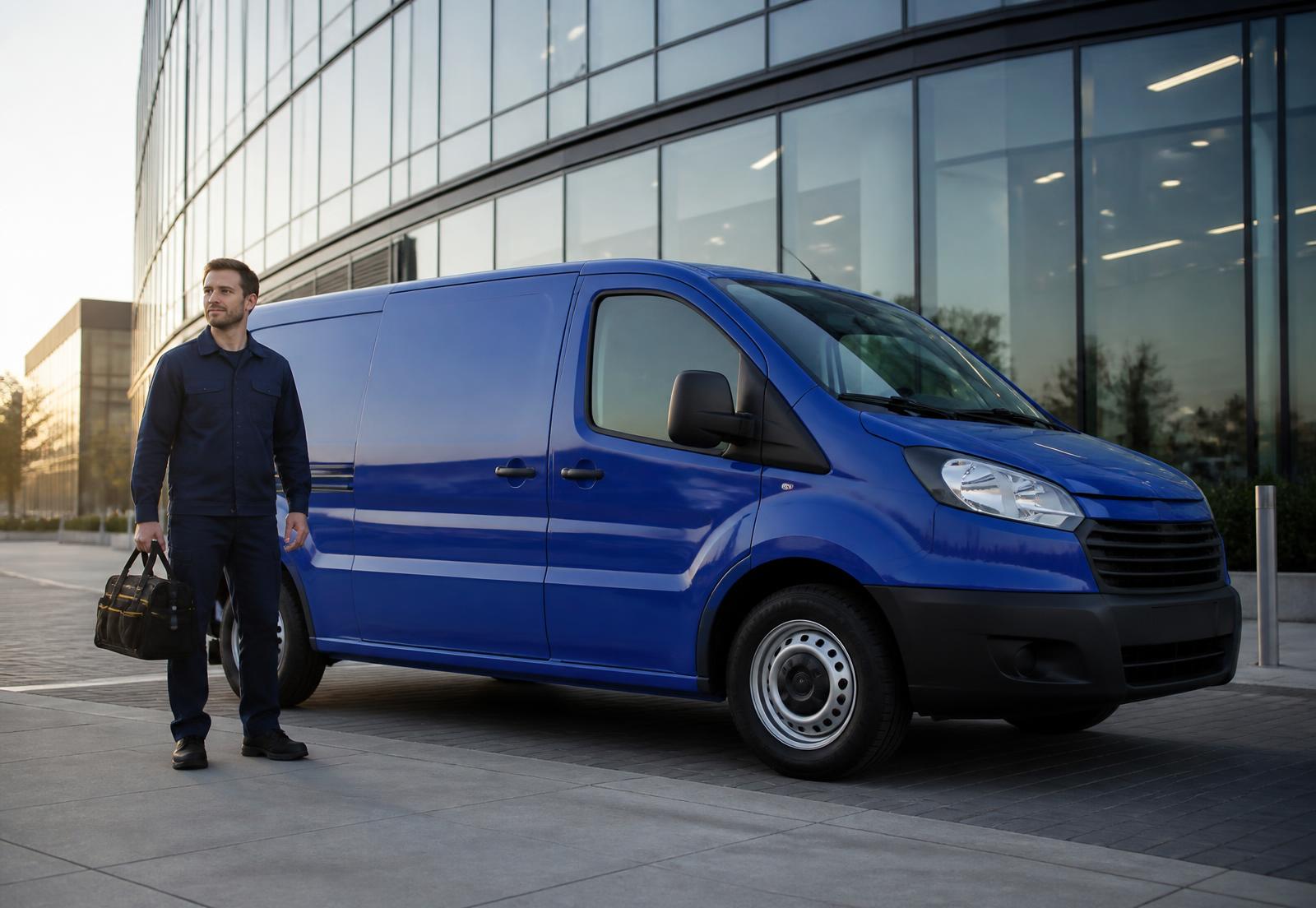 Gallant maintenance engineer arriving at a commercial property with a branded van